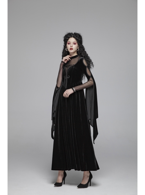 Small High Collar Chest Splice Mesh Lace-Up Slit Flare Sleeves Back Waist Lace-Up Black Gothic Long Velvet Dress