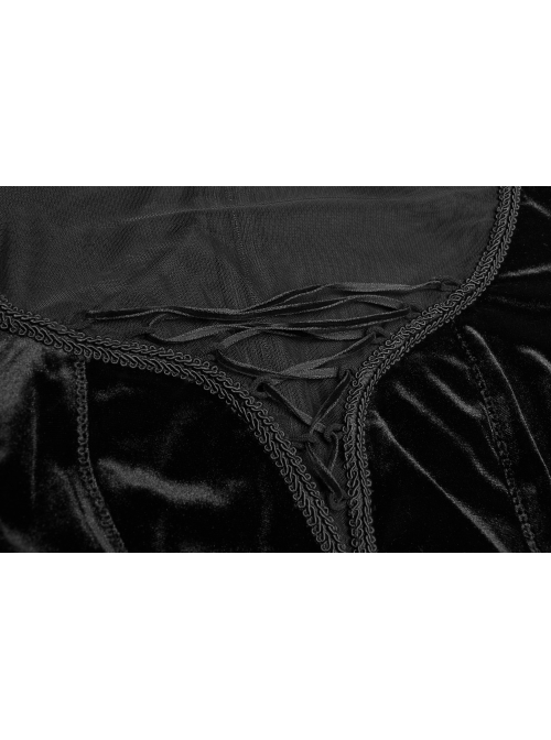 Small High Collar Chest Splice Mesh Lace-Up Slit Flare Sleeves Back Waist Lace-Up Black Gothic Long Velvet Dress