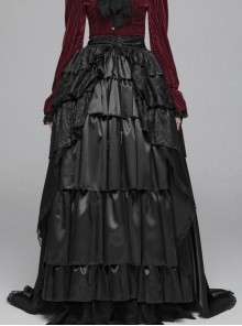 Mercerizing Forging Front Waist Jacquard Lace-Up Multi-Story Flounce Black Gothic Floor-Length Skirt