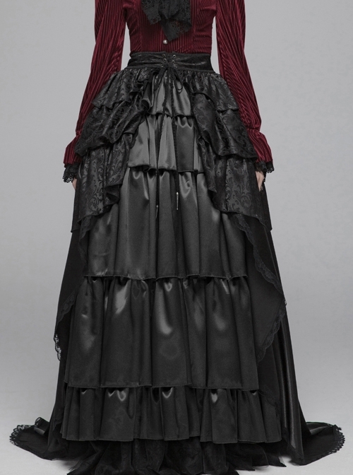 Mercerizing Forging Front Waist Jacquard Lace-Up Multi-Story Flounce Black Gothic Floor-Length Skirt