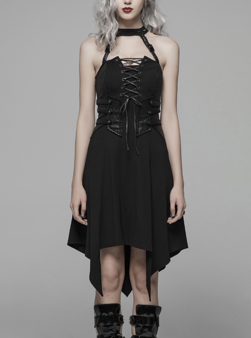 Off-Shoulder Chest Lace-Up Waist Leather Straps Decoration Asymmetric Sharp Corners Hem Black Punk Rivet Halter Dress