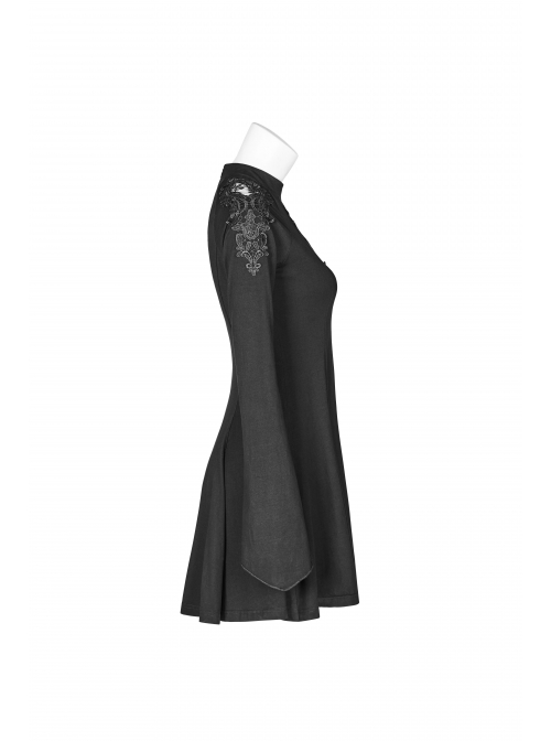 High Collar Chest Hollow-Out Embroidery Small Flare Sleeves Black Gothic Tight Dress