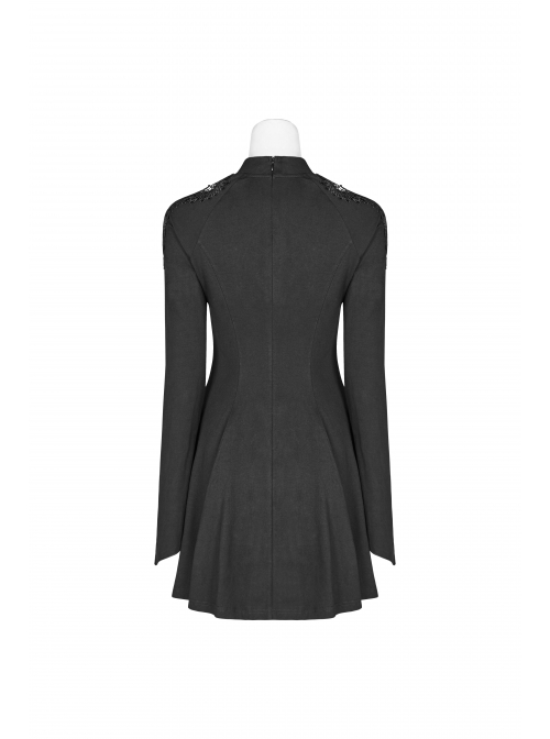 High Collar Chest Hollow-Out Embroidery Small Flare Sleeves Black Gothic Tight Dress