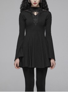 High Collar Chest Hollow-Out Embroidery Small Flare Sleeves Black Gothic Tight Dress