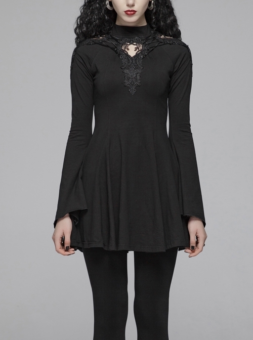 High Collar Chest Hollow-Out Embroidery Small Flare Sleeves Black Gothic Tight Dress