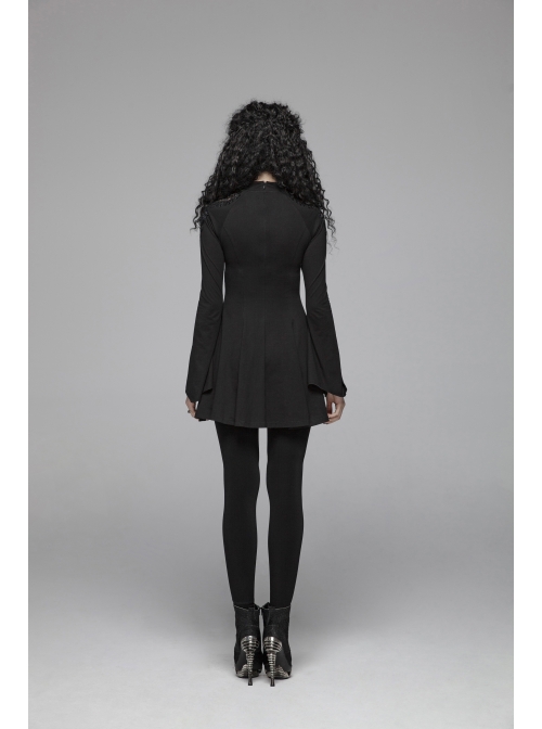 High Collar Chest Hollow-Out Embroidery Small Flare Sleeves Black Gothic Tight Dress