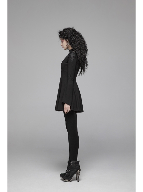 High Collar Chest Hollow-Out Embroidery Small Flare Sleeves Black Gothic Tight Dress