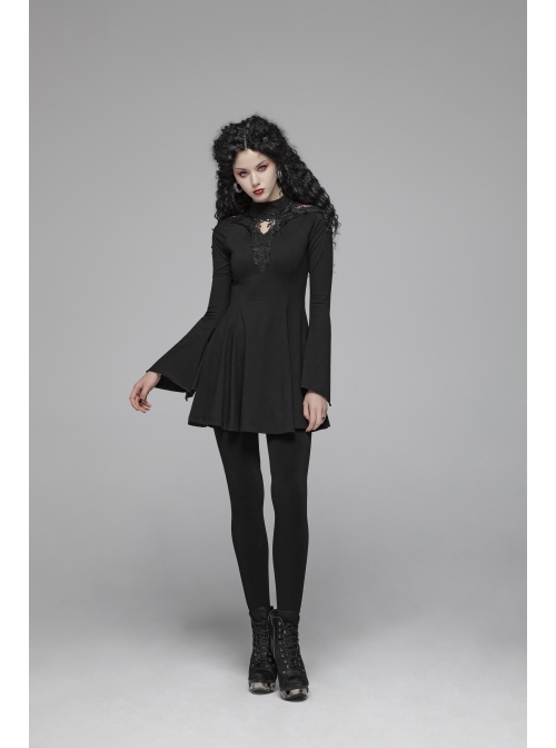 High Collar Chest Hollow-Out Embroidery Small Flare Sleeves Black Gothic Tight Dress