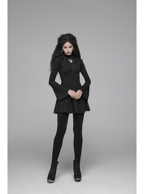High Collar Chest Hollow-Out Embroidery Small Flare Sleeves Black Gothic Tight Dress