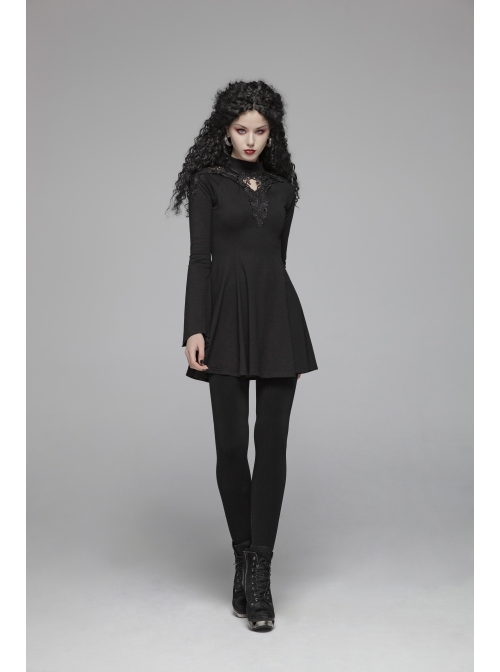 High Collar Chest Hollow-Out Embroidery Small Flare Sleeves Black Gothic Tight Dress