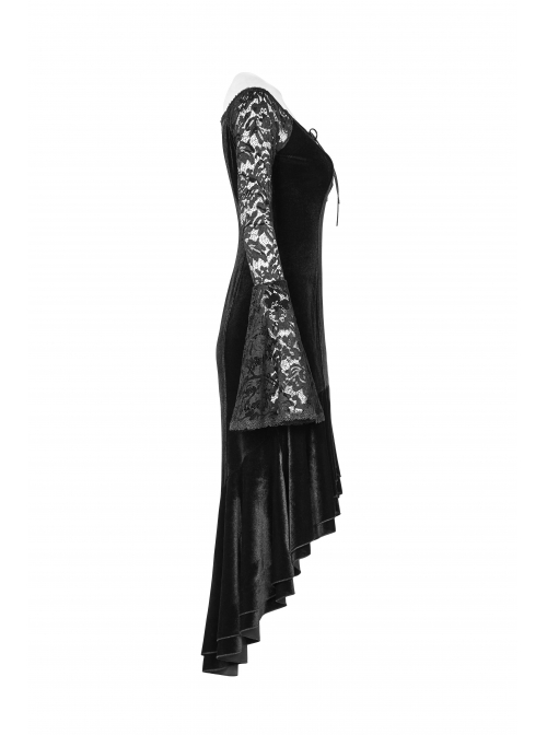 Off-Shoulder V-Neck Lace-Up Lace Flare Sleeves Frill Hem Black Gothic Velvet Dress