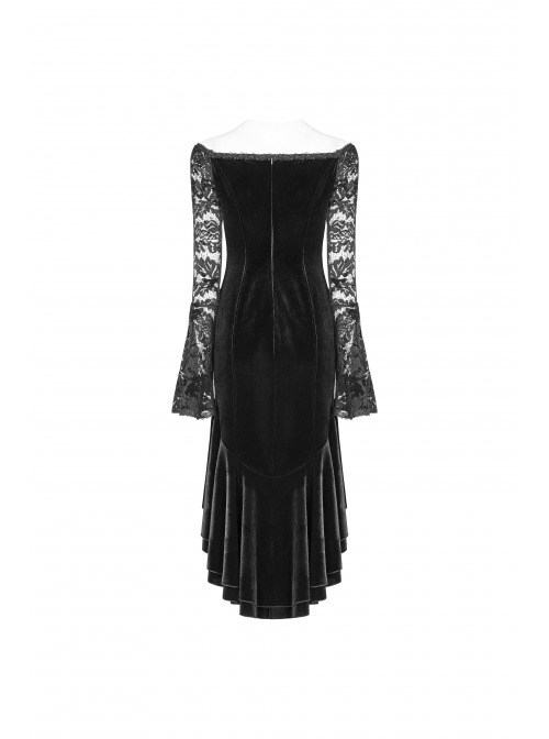 Off-Shoulder V-Neck Lace-Up Lace Flare Sleeves Frill Hem Black Gothic Velvet Dress
