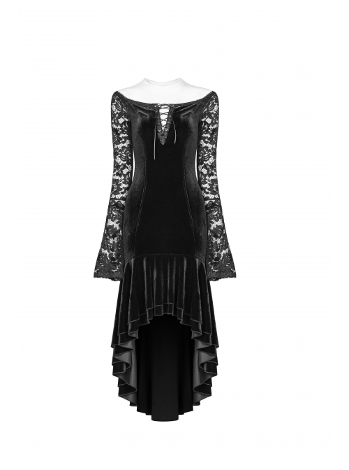 Off-Shoulder V-Neck Lace-Up Lace Flare Sleeves Frill Hem Black Gothic Velvet Dress