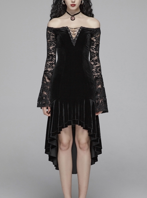 Off-Shoulder V-Neck Lace-Up Lace Flare Sleeves Frill Hem Black Gothic Velvet Dress