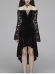 Off-Shoulder V-Neck Lace-Up Lace Flare Sleeves Frill Hem Black Gothic Velvet Dress