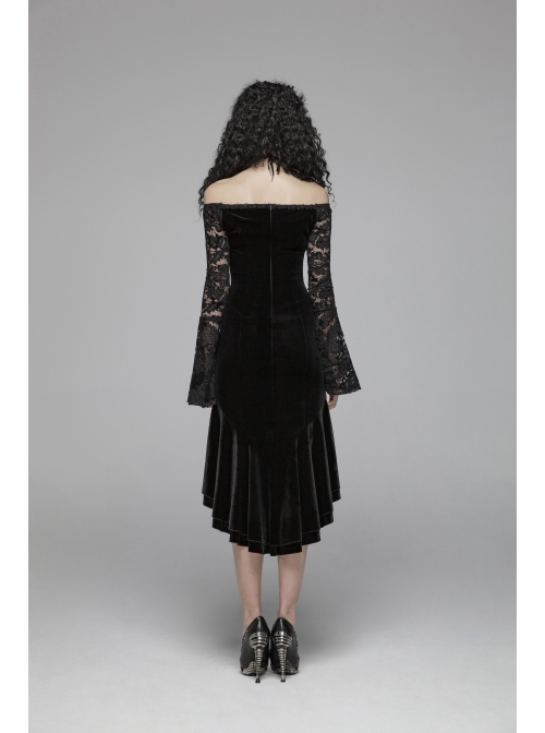 Off-Shoulder V-Neck Lace-Up Lace Flare Sleeves Frill Hem Black Gothic Velvet Dress