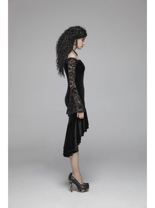 Off-Shoulder V-Neck Lace-Up Lace Flare Sleeves Frill Hem Black Gothic Velvet Dress
