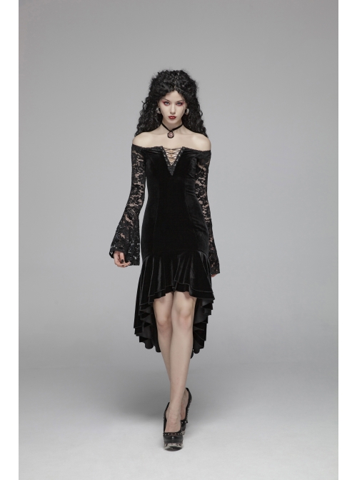 Off-Shoulder V-Neck Lace-Up Lace Flare Sleeves Frill Hem Black Gothic Velvet Dress