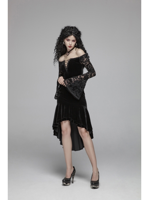 Off-Shoulder V-Neck Lace-Up Lace Flare Sleeves Frill Hem Black Gothic Velvet Dress