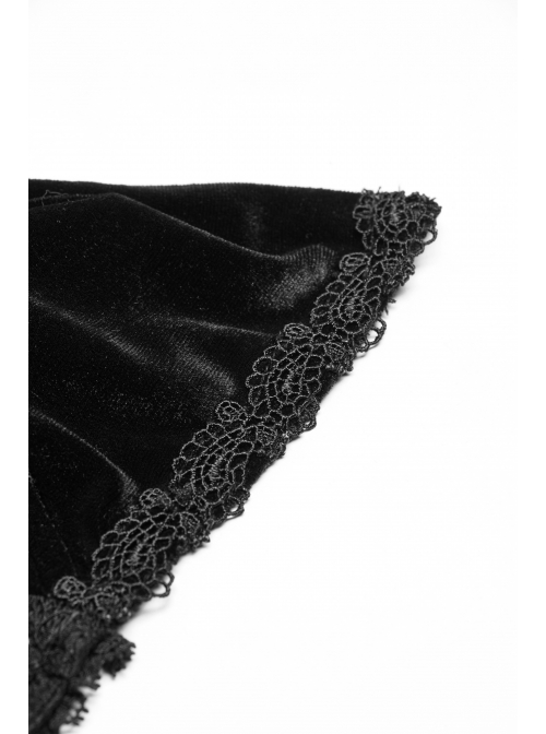 Off-Shoulder V-Neck Lace-Up Lace Flare Sleeves Frill Hem Black Gothic Velvet Dress