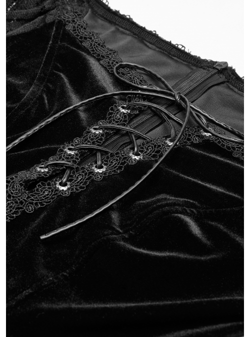 Off-Shoulder V-Neck Lace-Up Lace Flare Sleeves Frill Hem Black Gothic Velvet Dress