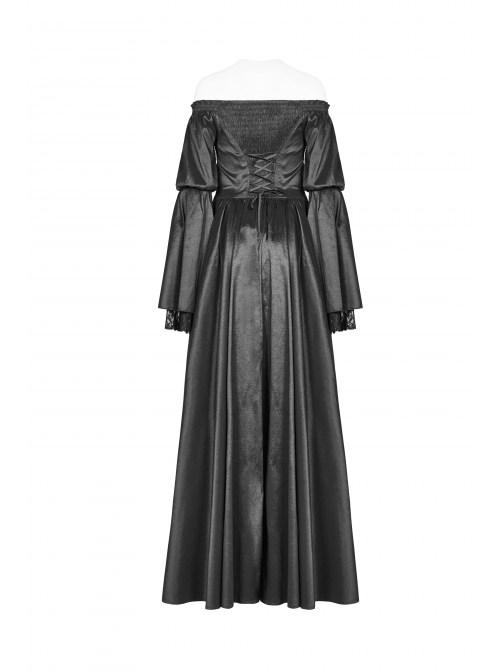 Flocking Lace Splice Positioning Sequins Embroidery Mesh Off-Shoulder Lace Cuff Back Lace-Up Black Gothic Maxi Dress
