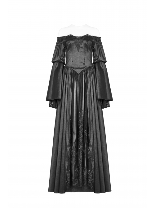 Flocking Lace Splice Positioning Sequins Embroidery Mesh Off-Shoulder Lace Cuff Back Lace-Up Black Gothic Maxi Dress