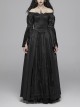 Flocking Lace Splice Positioning Sequins Embroidery Mesh Off-Shoulder Lace Cuff Back Lace-Up Black Gothic Maxi Dress