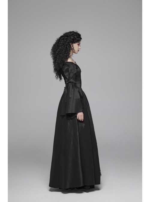 Flocking Lace Splice Positioning Sequins Embroidery Mesh Off-Shoulder Lace Cuff Back Lace-Up Black Gothic Maxi Dress