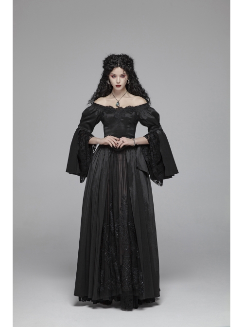 Flocking Lace Splice Positioning Sequins Embroidery Mesh Off-Shoulder Lace Cuff Back Lace-Up Black Gothic Maxi Dress