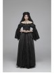 Flocking Lace Splice Positioning Sequins Embroidery Mesh Off-Shoulder Lace Cuff Back Lace-Up Black Gothic Maxi Dress