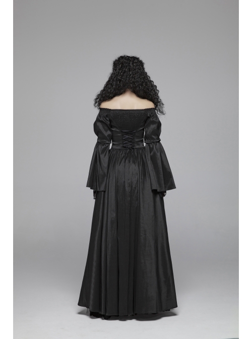 Flocking Lace Splice Positioning Sequins Embroidery Mesh Off-Shoulder Lace Cuff Back Lace-Up Black Gothic Maxi Dress