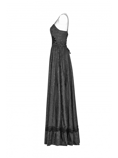 Black Jacquard Front Chest Flocking Decals Large Skirt Pendulum Velvet Lace Frill Hem Black Gothic Sling Dress