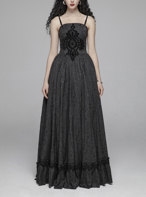 Black Jacquard Front Chest Flocking Decals Large Skirt Pendulum Velvet Lace Frill Hem Black Gothic Sling Dress