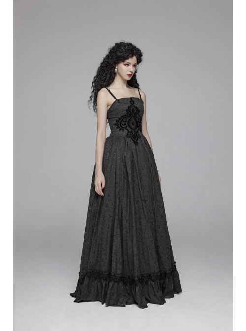 Black Jacquard Front Chest Flocking Decals Large Skirt Pendulum Velvet Lace Frill Hem Black Gothic Sling Dress