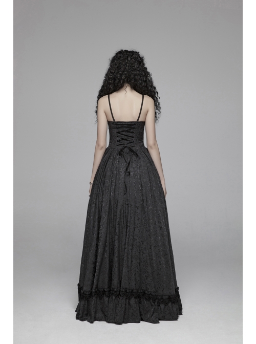 Black Jacquard Front Chest Flocking Decals Large Skirt Pendulum Velvet Lace Frill Hem Black Gothic Sling Dress