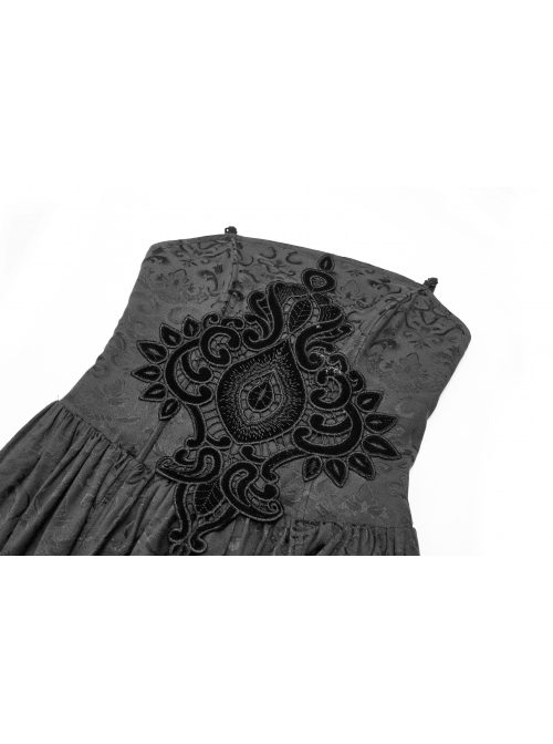 Black Jacquard Front Chest Flocking Decals Large Skirt Pendulum Velvet Lace Frill Hem Black Gothic Sling Dress