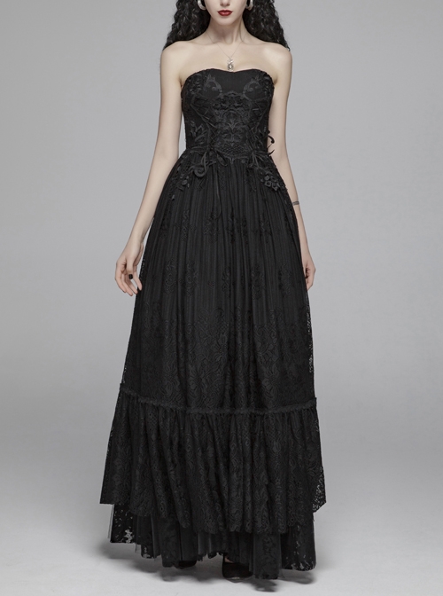 Positioning Flowers Lace Front Big Stereo Decal Back Waist Lace-Up Black Gothic Long Sling Dress