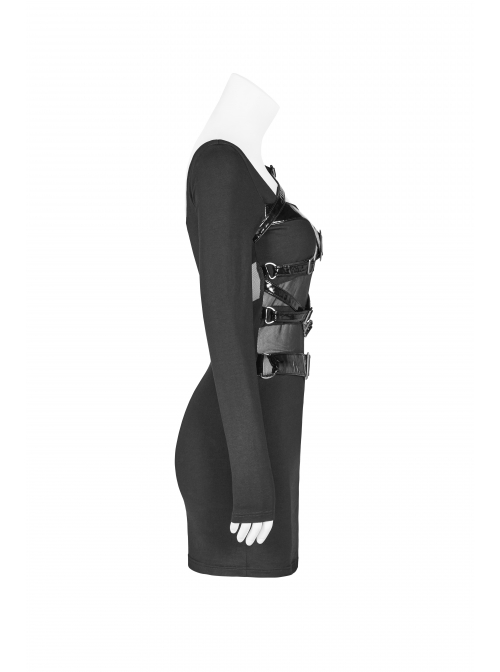 Black Knit Waist Splice Dark Grain Mesh Metal Buckle Lacquer Leather Bandage Long Sleeves Punk Tight Dress