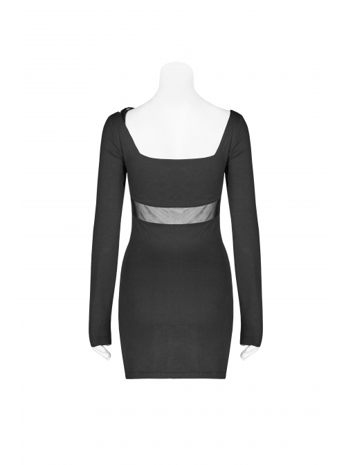 Black Knit Waist Splice Dark Grain Mesh Metal Buckle Lacquer Leather Bandage Long Sleeves Punk Tight Dress