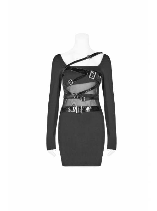 Black Knit Waist Splice Dark Grain Mesh Metal Buckle Lacquer Leather Bandage Long Sleeves Punk Tight Dress