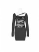 Black Knit Waist Splice Dark Grain Mesh Metal Buckle Lacquer Leather Bandage Long Sleeves Punk Tight Dress