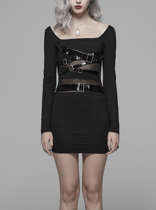 Black Knit Waist Splice Dark Grain Mesh Metal Buckle Lacquer Leather Bandage Long Sleeves Punk Tight Dress