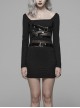 Black Knit Waist Splice Dark Grain Mesh Metal Buckle Lacquer Leather Bandage Long Sleeves Punk Tight Dress