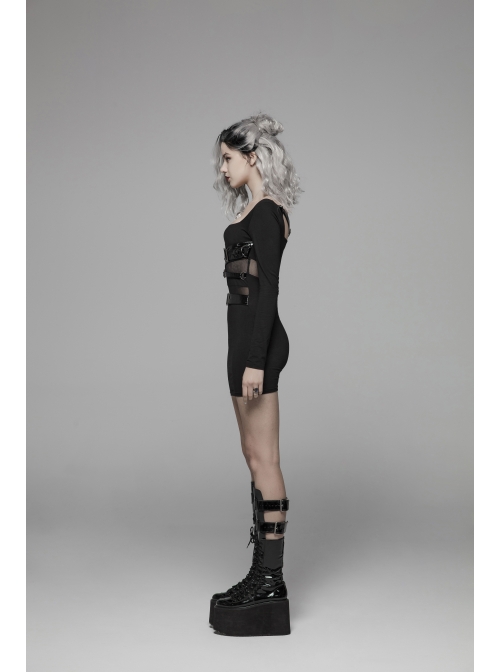 Black Knit Waist Splice Dark Grain Mesh Metal Buckle Lacquer Leather Bandage Long Sleeves Punk Tight Dress