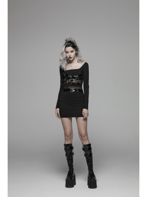 Black Knit Waist Splice Dark Grain Mesh Metal Buckle Lacquer Leather Bandage  Long Sleeves Punk Tight Dress - Magic Wardrobes