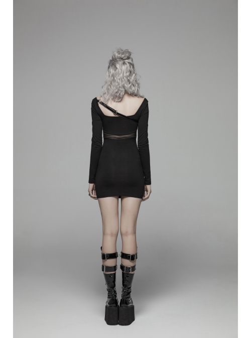 Black Knit Waist Splice Dark Grain Mesh Metal Buckle Lacquer Leather Bandage Long Sleeves Punk Tight Dress