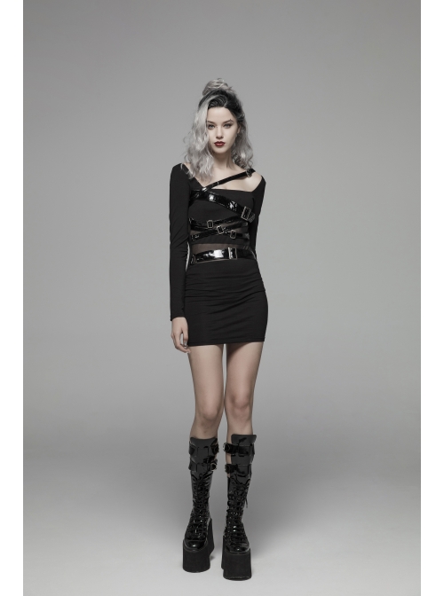 Black Knit Waist Splice Dark Grain Mesh Metal Buckle Lacquer Leather Bandage Long Sleeves Punk Tight Dress