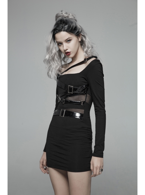 Black Knit Waist Splice Dark Grain Mesh Metal Buckle Lacquer Leather Bandage Long Sleeves Punk Tight Dress