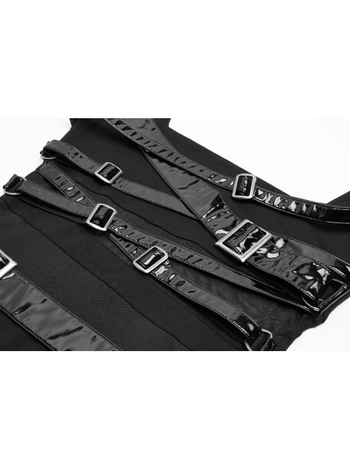 Black Knit Waist Splice Dark Grain Mesh Metal Buckle Lacquer Leather Bandage Long Sleeves Punk Tight Dress